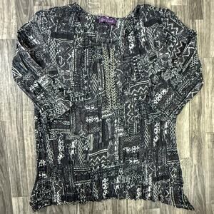 Gloria Vanderbilt Black White Crinkle Tunic Blouse L Abstract Boho Top India